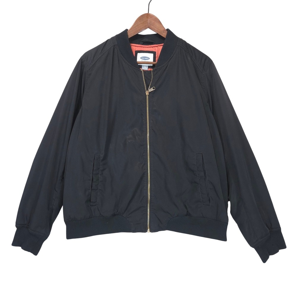 Old Navy Bomber Jacket Mens XL Black Full Zip Orange Lining MA-1 Streetwear